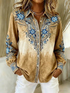 Blusa Violeta Cortés con Estampado Floral Estilo Western Azul