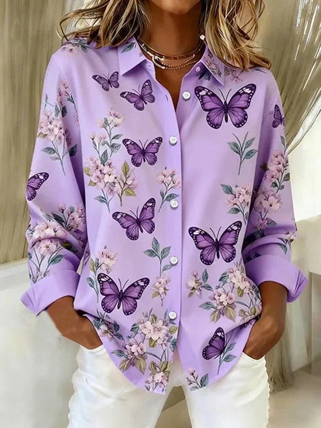 Blusa Violeta Cortés con Estampado de Mariposas Morado