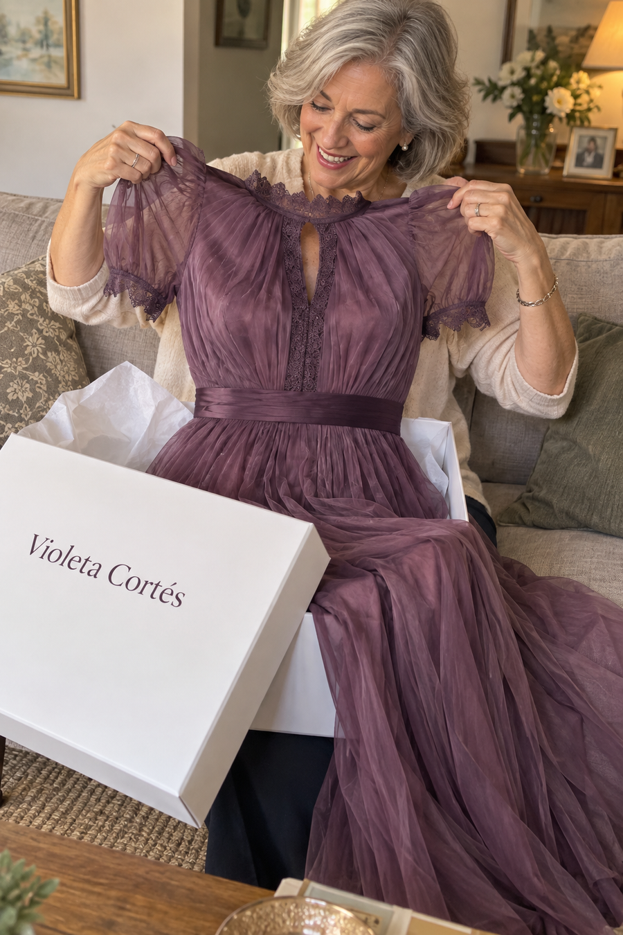 Vestido Violeta Cortés con Gasa Fluida y Encaje