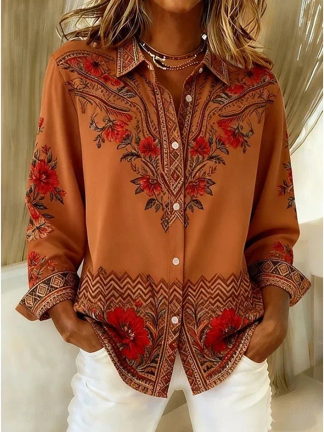Blusa Violeta Cortés con Estampado Floral y Paisley Terracota